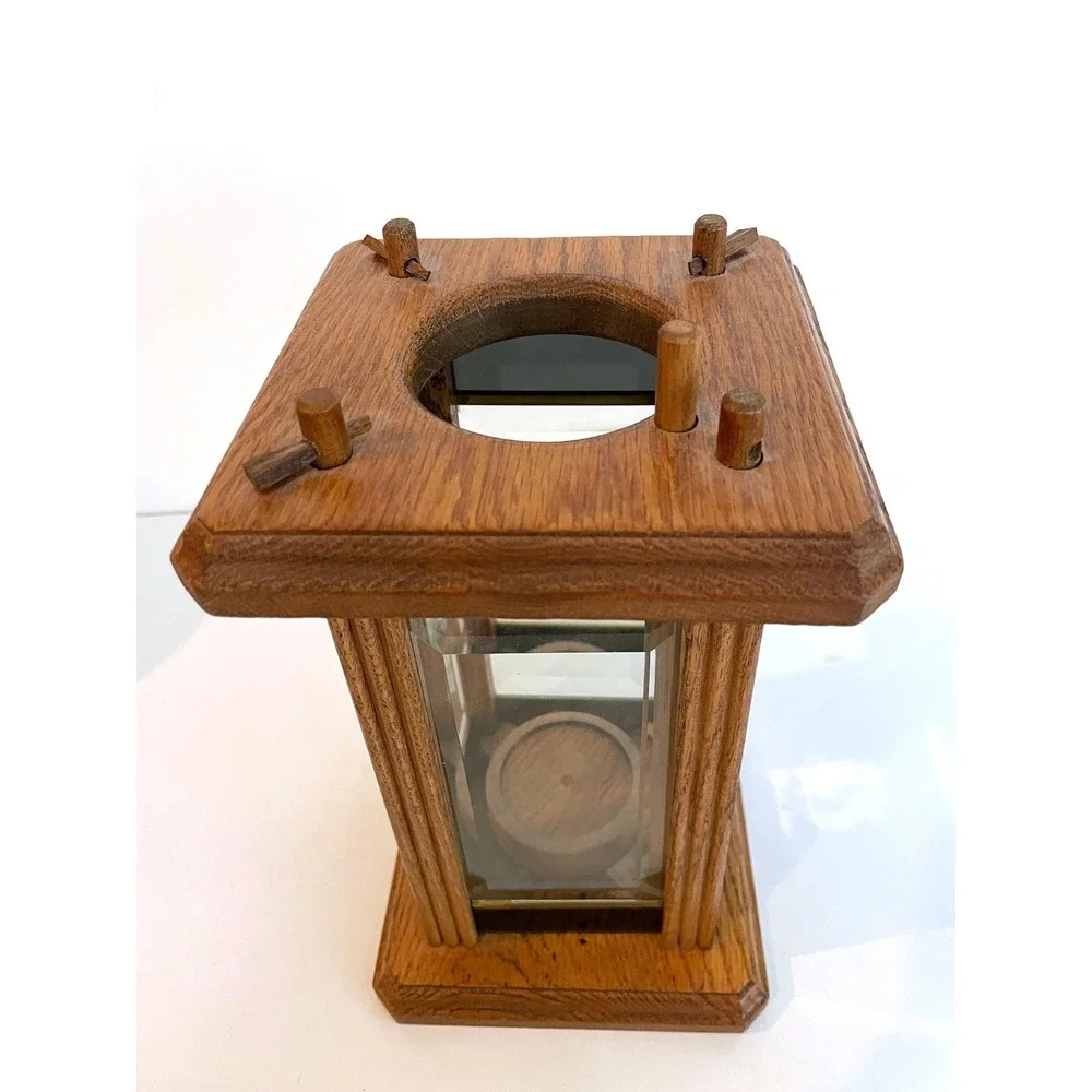 Vintage 80s Oak Wood Etched Glass Bird Lantern Tea Light Candle Holder Handmade